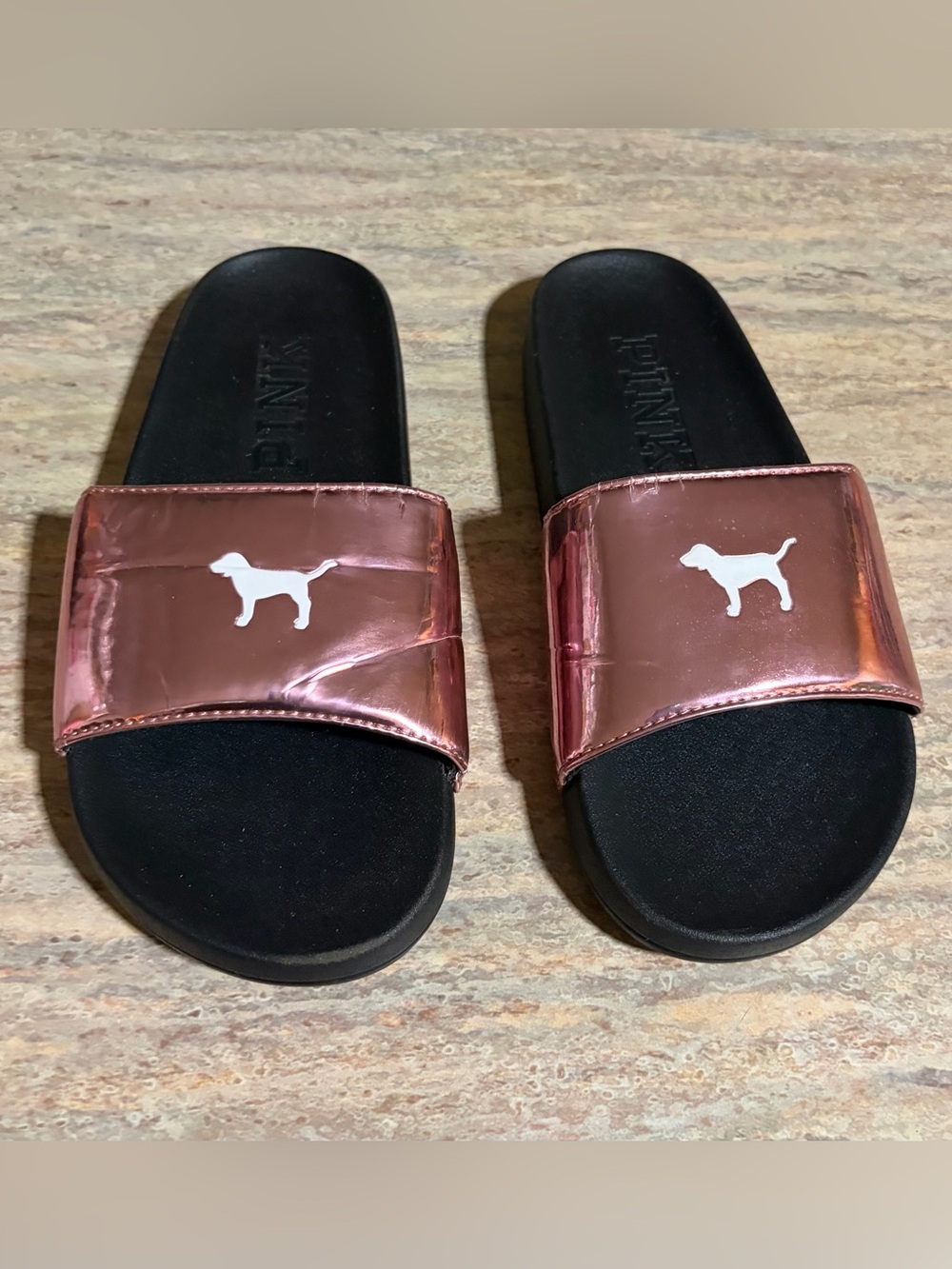 PINK Victoria's Secret Metallic Rose Gold Dog Logo Slide Sandals